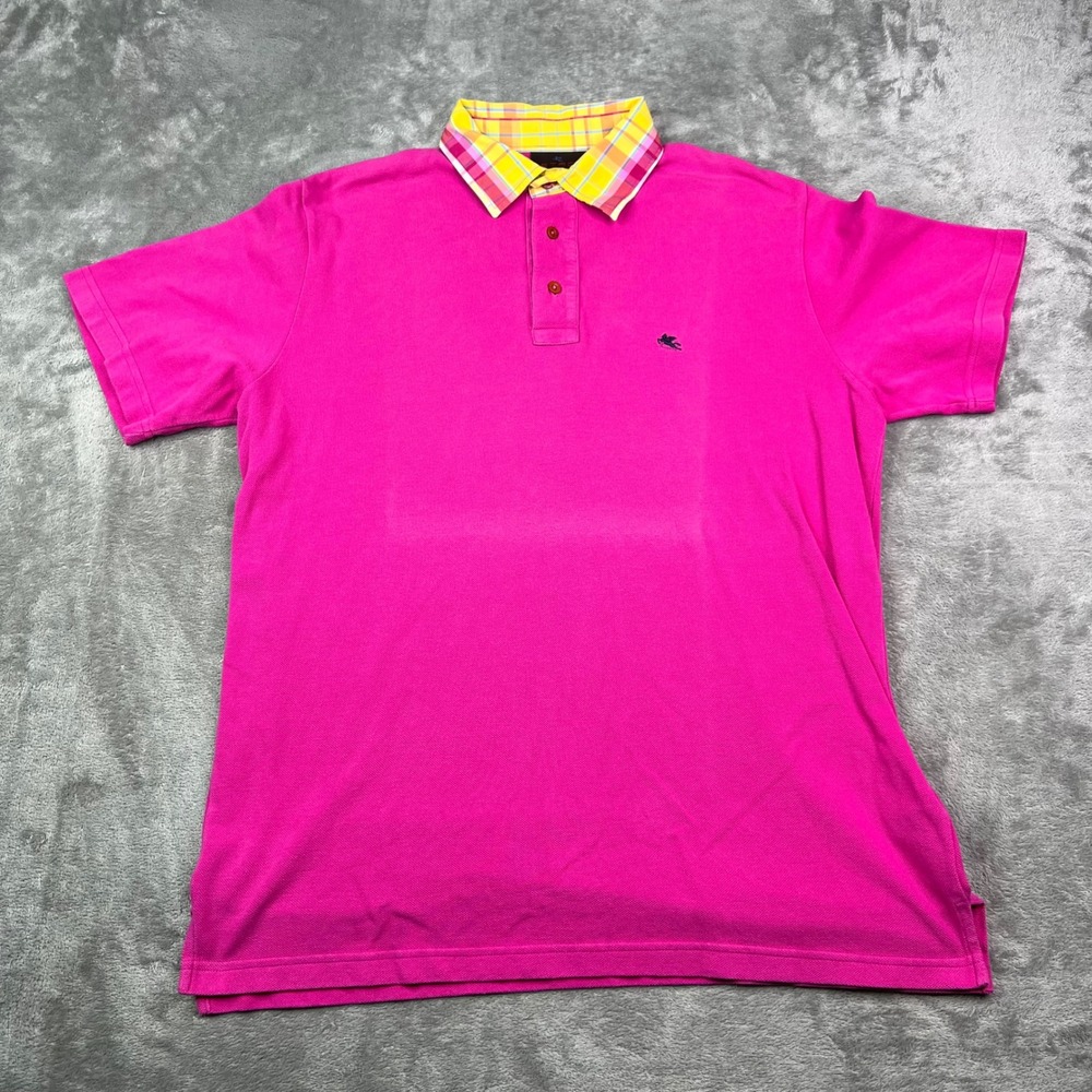 Etro Milano Polo Shirt Mens Large Pink Plaid Contrast Collar Pique Made in Italy - Picture 3 of 10